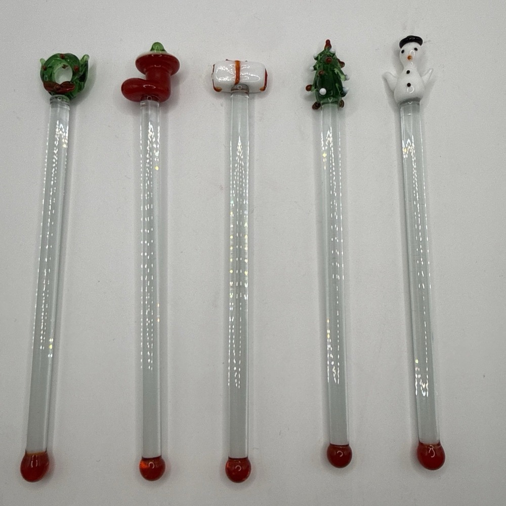 Christmas Set of 5 Art Glass Swizzle Stir Sticks, Christmas Tree, Santa, Snowman